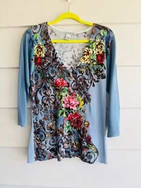 New! Alberto Makali Blue Floral Zip Front Cardigan Sweater L